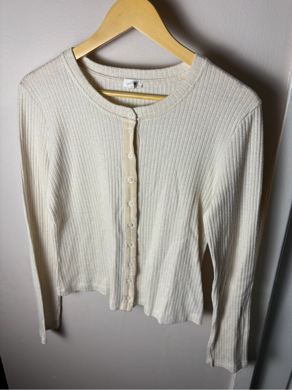 aerie Cream Ribbed Button-Front Cardigan with Shimmer Size Large